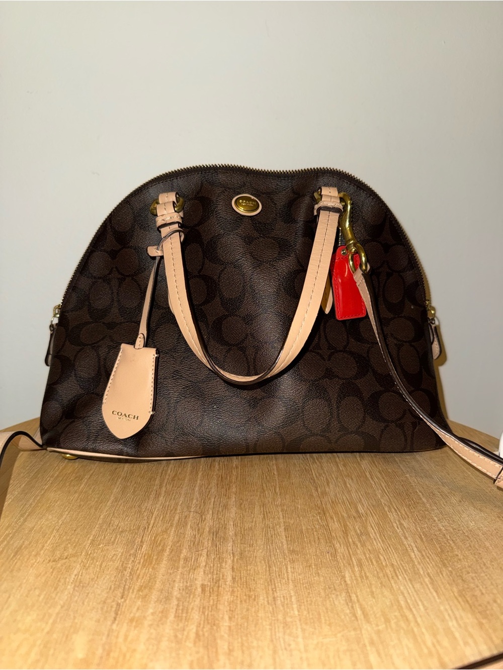 Coach Brown Signature Dome Satchel with Light Pink Handles and Red Charm
